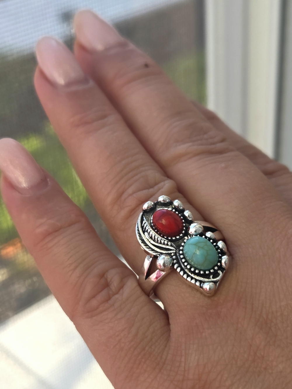 Vintage Bohemian Ring for Women  S925 Sterling Silver with Red & Turquoise Stone
